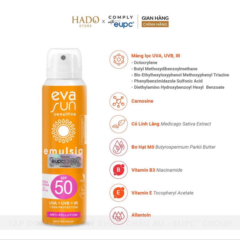 Xịt chống nắng chịu nước SPF50 cho da nhạy cảm Eva Sun 120ml