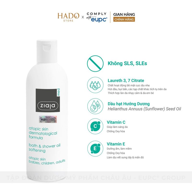 Dầu tắm làm mềm da khô, nhạy cảm Ziaja Med Atopic 270ml - ảnh 2
