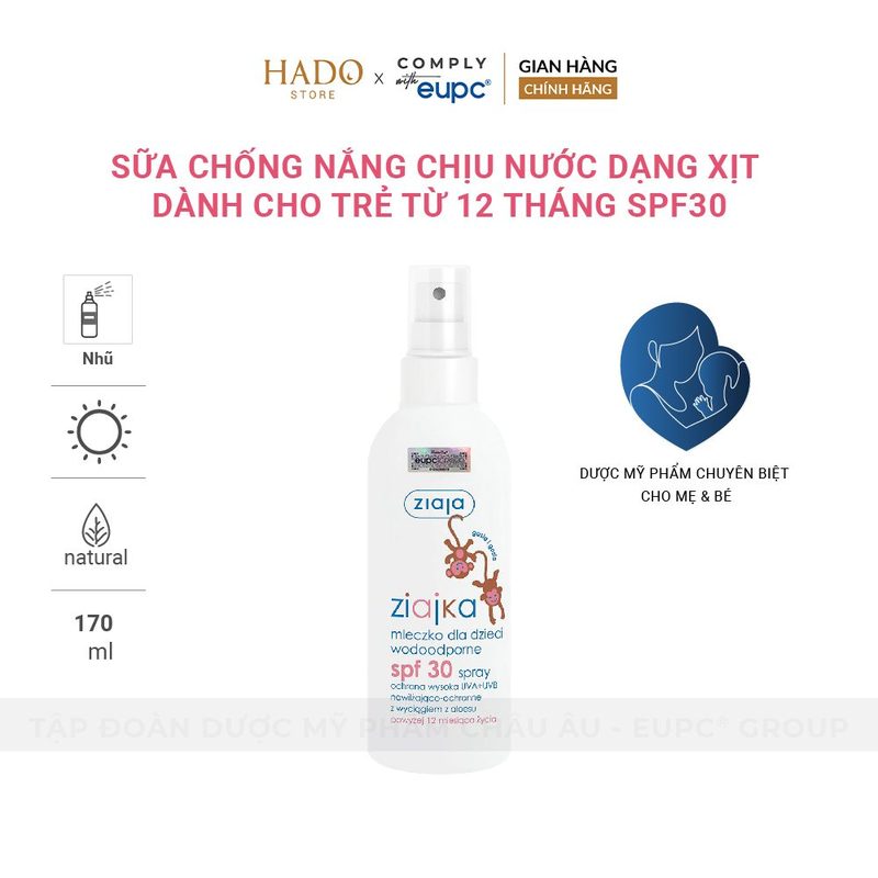 Sữa chống nắng dạng xịt chịu nước cho trẻ SPF30 Ziaja Ziajka 170ml