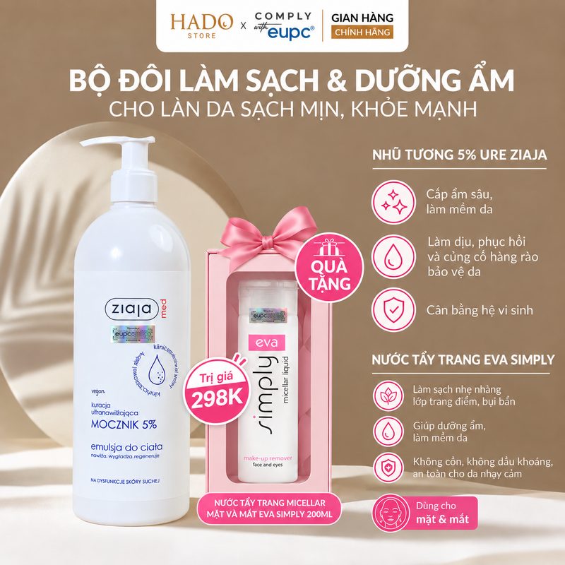 Nhũ tương dưỡng thể 5% Urê Ziaja Med Mocznik 400ml Tặng Nước tẩy trang Micellar 200ml